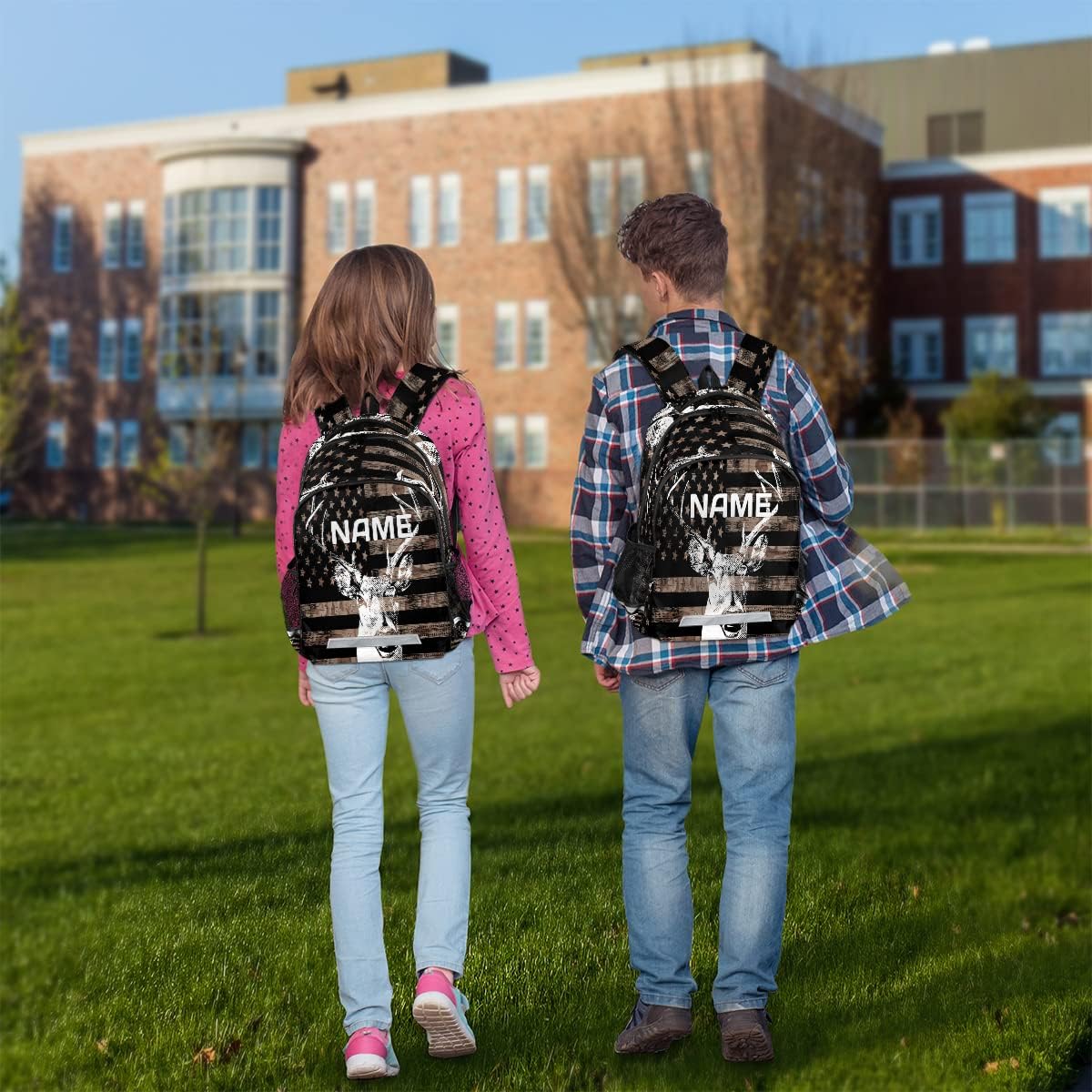 American Flag Camo Custom Name School Backpack for Boy Girl Teen Deer Animal Personalized Student Bookbag for Primary Junior College Customized Laptop Backpack for Men Women