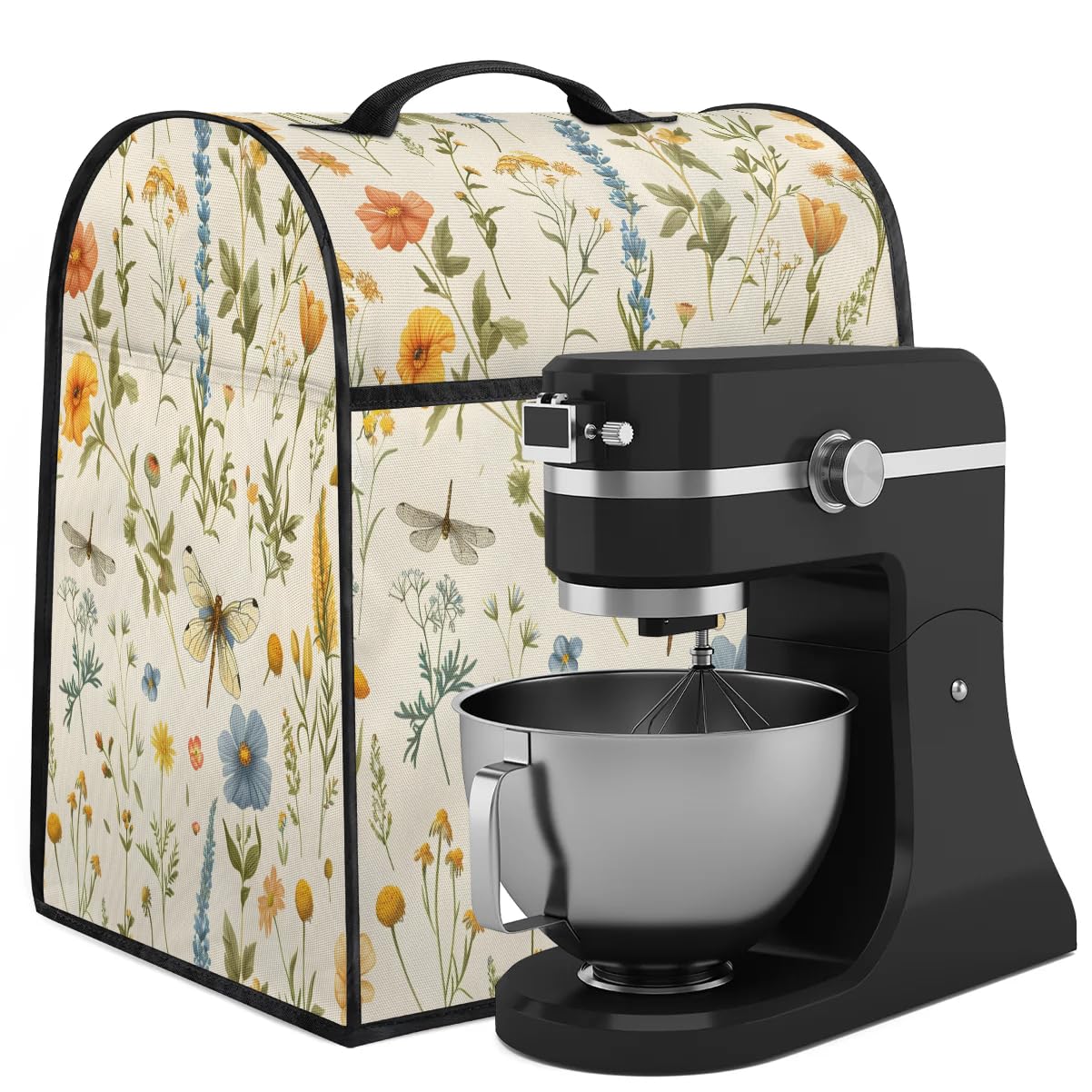 Sabokido Dragonfly Flowers Kitchen Aid Mixer Cover Compatible with 6-8 Quart Kitchen Aid Tilt Head & Bowl Lift, Stand Mixer Cover with Pockets and Handle, Dust Cover Accessories