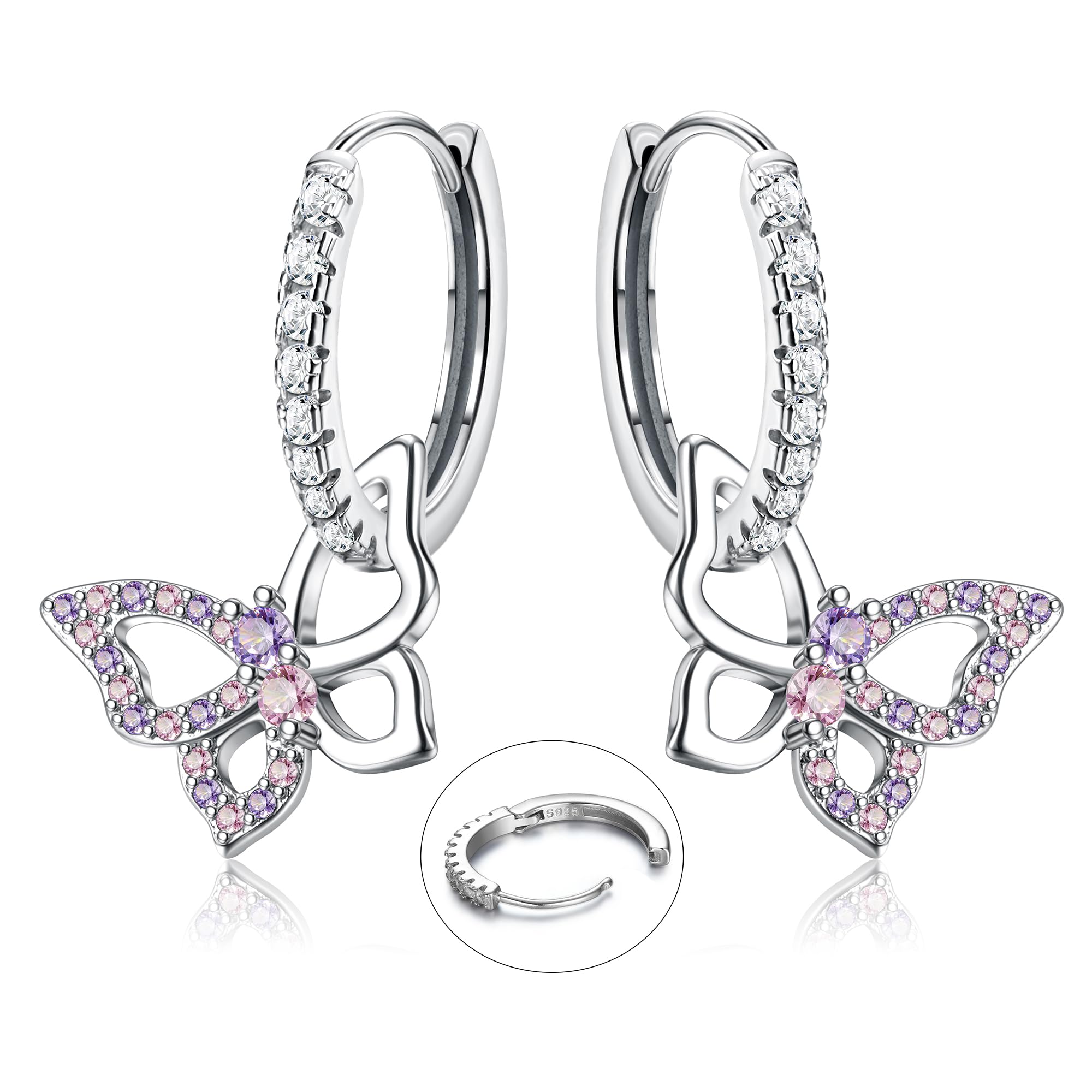 LOLIAS Plata Ley 925 Pendientes Aro Colgantes Estrella Pendientes Gota Pequeños CZ Corazón Mariposa Brillante Colorido Pendiente Aro Huggie Plata Hipoalergénico para Mujeres Niñas
