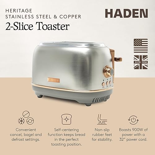 Miniatura 2 de Haden Heritage - Tostadora de acero inoxidable de 2 rebanadas de ranura ancha con control de tostado ajustable y pies antideslizantes, acero y cobre