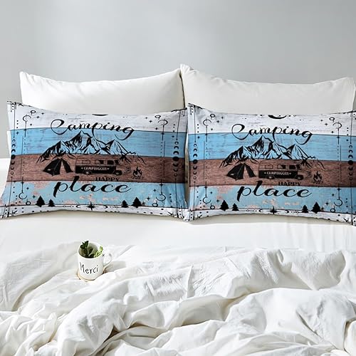 Vista 70 de Camper Decor Sábanas de cama Happy Camping, sábana bajera ajustable de campamento con juego de cama de montaña, juego de cama de verano para Multi 04