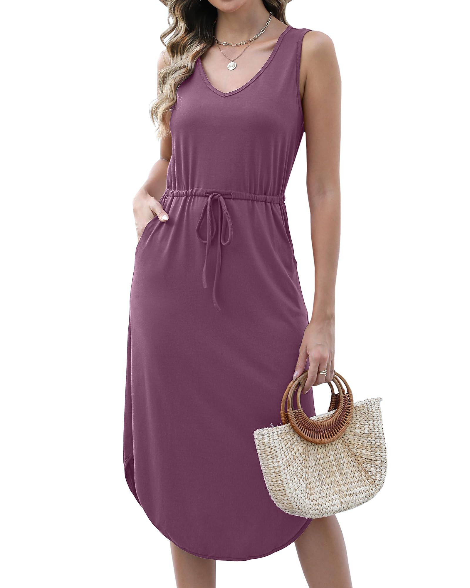 Hount Womens V Neck Sleeveless Casual T Shirt Dress Summer Midi Dress with Pockets