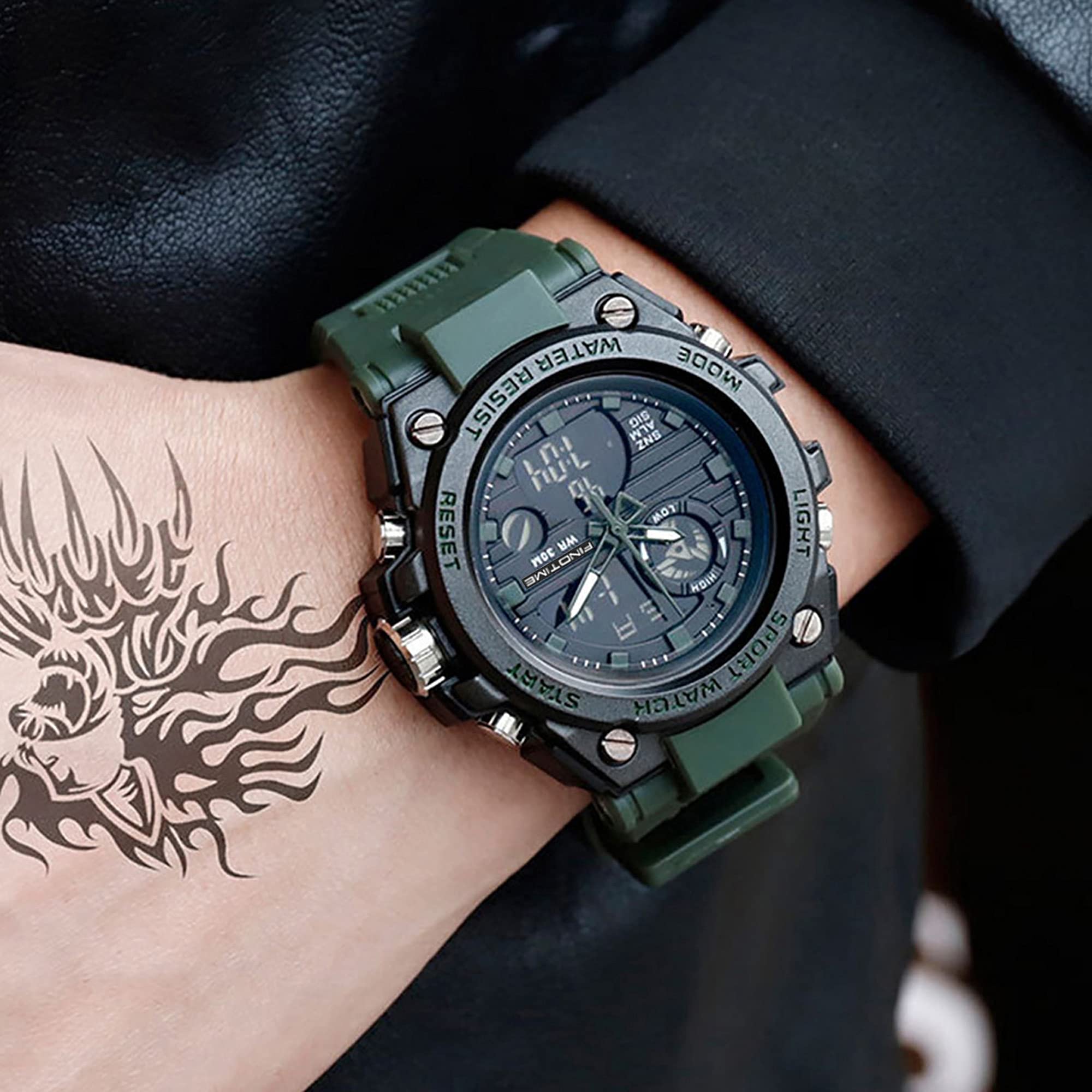 findtime Reloj deportivo para hombre, militar, para exteriores, reloj de pulsera grande, digital, analógico, dos zonas horarias, calendario LED, hombres y niños, verde, Correa