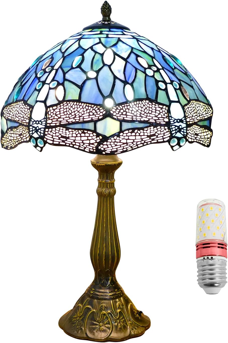 Tiffany Style Lamp, Sea Blue Dragonfly Style Table Lamp Stained Glass Table Lamp 12x12x19 Inch Bedside Lamp Nightstand Reading Desk Light for Bedroom Living Room Home Decor (LED Bulb Included)
