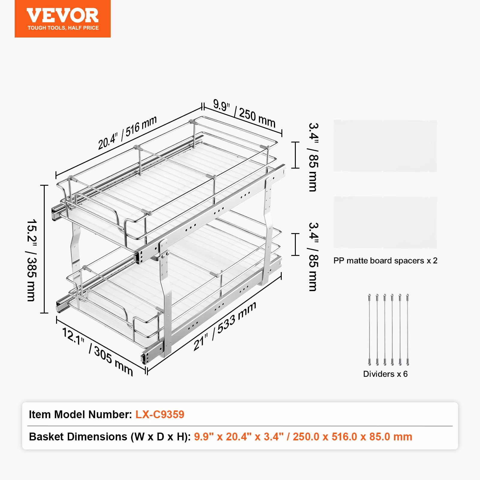 VEVOR Ausziehbarer Spülschrank-Organizer mit 2 Ebenen unter Waschbecken (304x533x385 mm) Gewürzregal Küchenregal Lagerregal Organizer für Küche Badezimmer 334x563x485 mm (Einbaumaß)