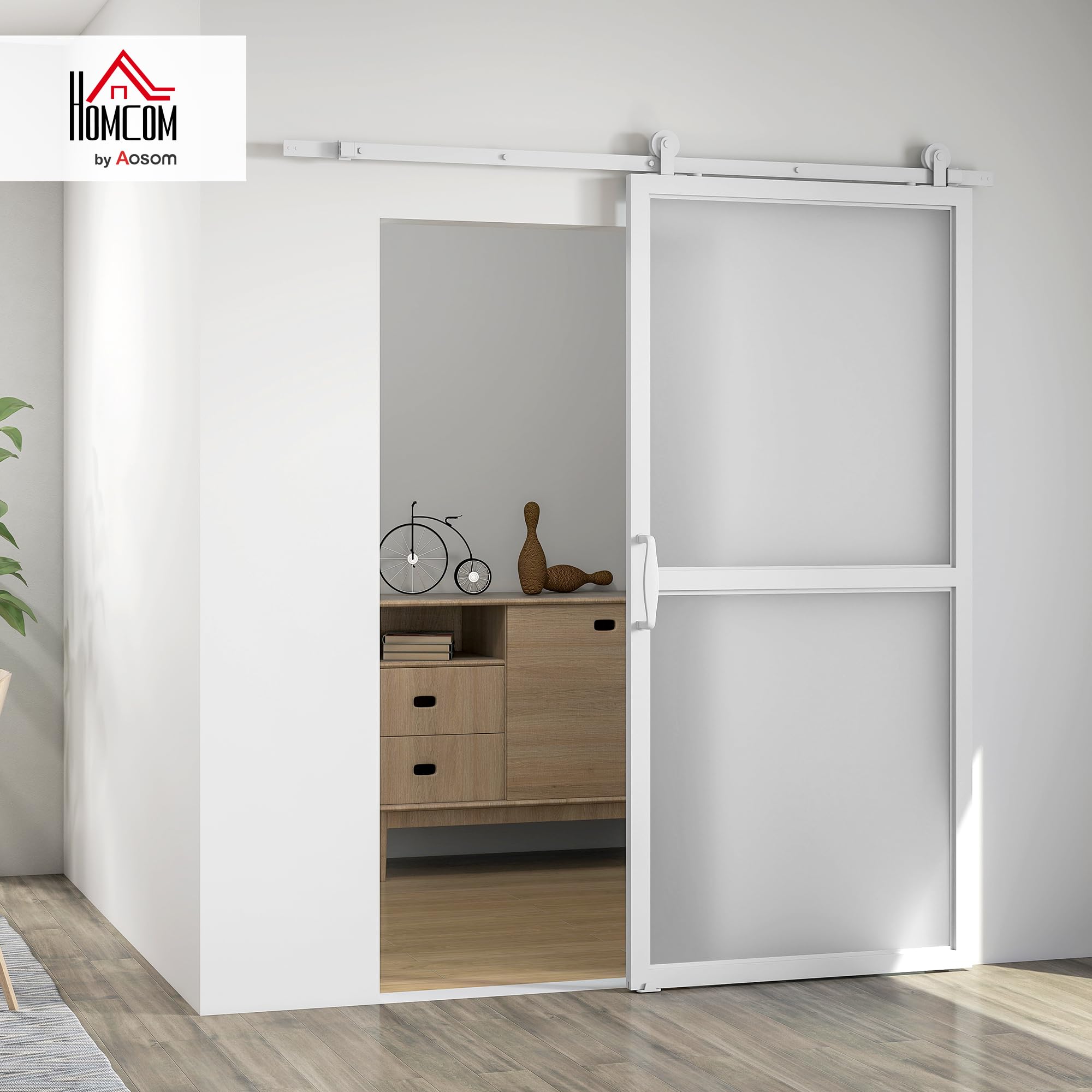 HOMCOM Hardware per porte scorrevoli 200 cm, kit di accessori per porta scorrevole con 2 guide in acciaio al carbonio e guida a pavimento, per garage, armadio/guardaroba, bianco
