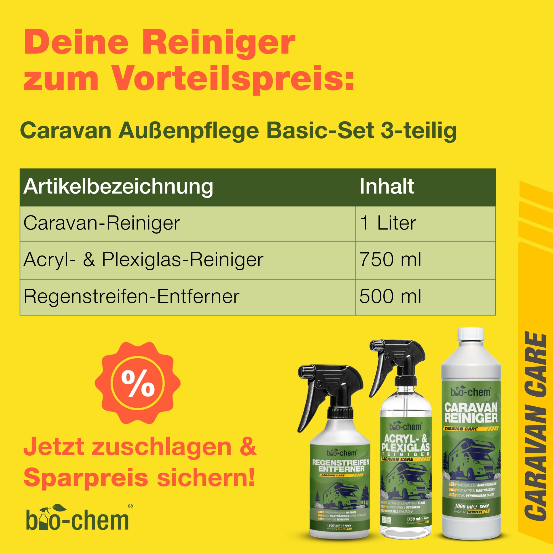 bio-chem Caravan Reiniger Set 3-teilig für Wohnmobil | Wohnwagen Außenreiniger, Regenstreifen-Entferner und Acrylglas Reiniger | Außenreinigung Wohnwagen