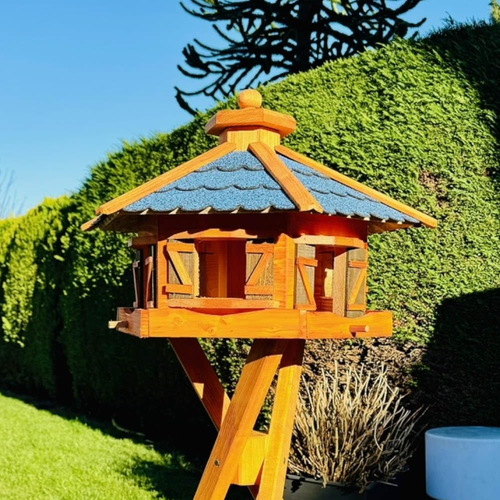Comedero para pájaros XL hexagonal, de madera y tejas bituminosas, con y sin soporte, XL con soporte, color azul - marrón