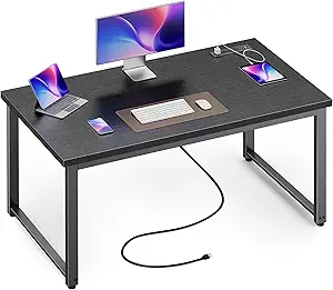Huuger 48 x 24 inch Desk with Power Outlets & USB-C, Deeper & Thicker Desktop, Robust Metal Tubes, Computer Desk, Heavy Duty Office Desk, Work Gaming Desk for Home Office, Black