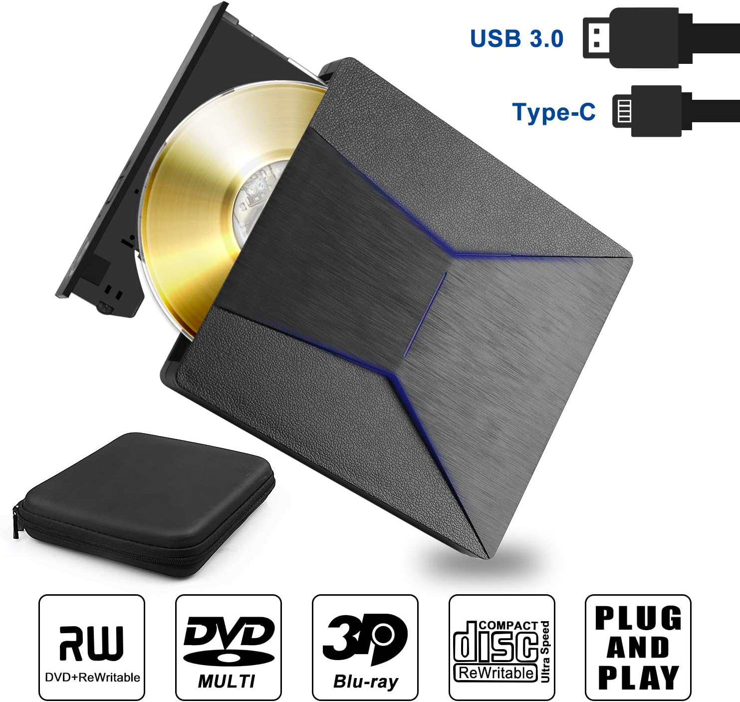 External Blu ray DVD Drive 3D 4K, Slim external bluray Bluray writer USB 3.0 & Type-C CD DVD bruner Blu ray Reader player recorder combo for Windows XP 7 8 10,Vista, MacOS for Macbook, Laptop, Desktop