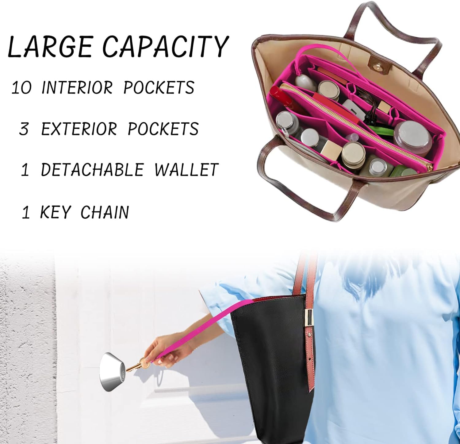 börse Organizer mit ReiÃŸverschluss Filztasche Organizer Handtasche Organizer Einsatz Tasche in Tasche Organizer mit Schlüsselanhänger für Tote passend für LV Speedy Neverfull Longchamp Rose klein