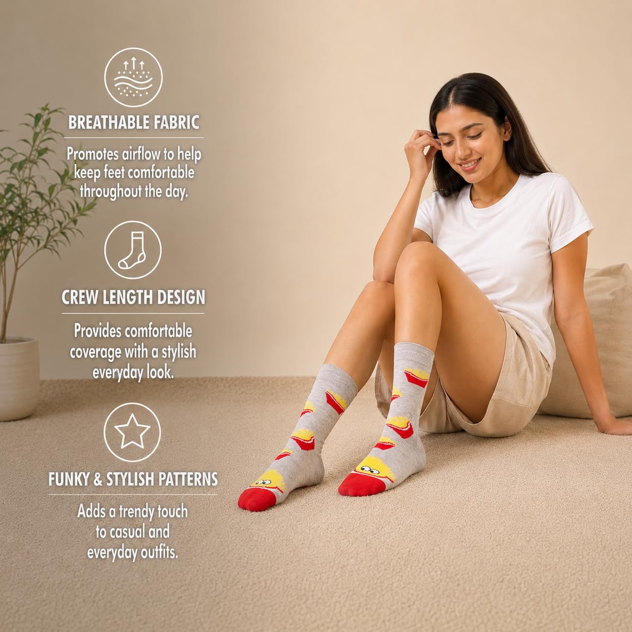 Supersox Funky Crew Length Socks for Women | Combed Cotton | Durable & Breathable | Anti-Odour | Multicolour | Pack of 5 2