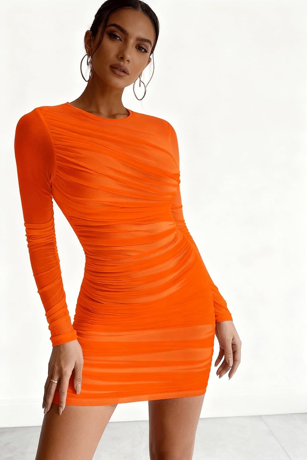 MOEENCN Women's Sexy Mesh Dress Square Neck Long Sleeve Ruched Printed Bodycon Party Club Cocktail Mini Dresses - Image 4