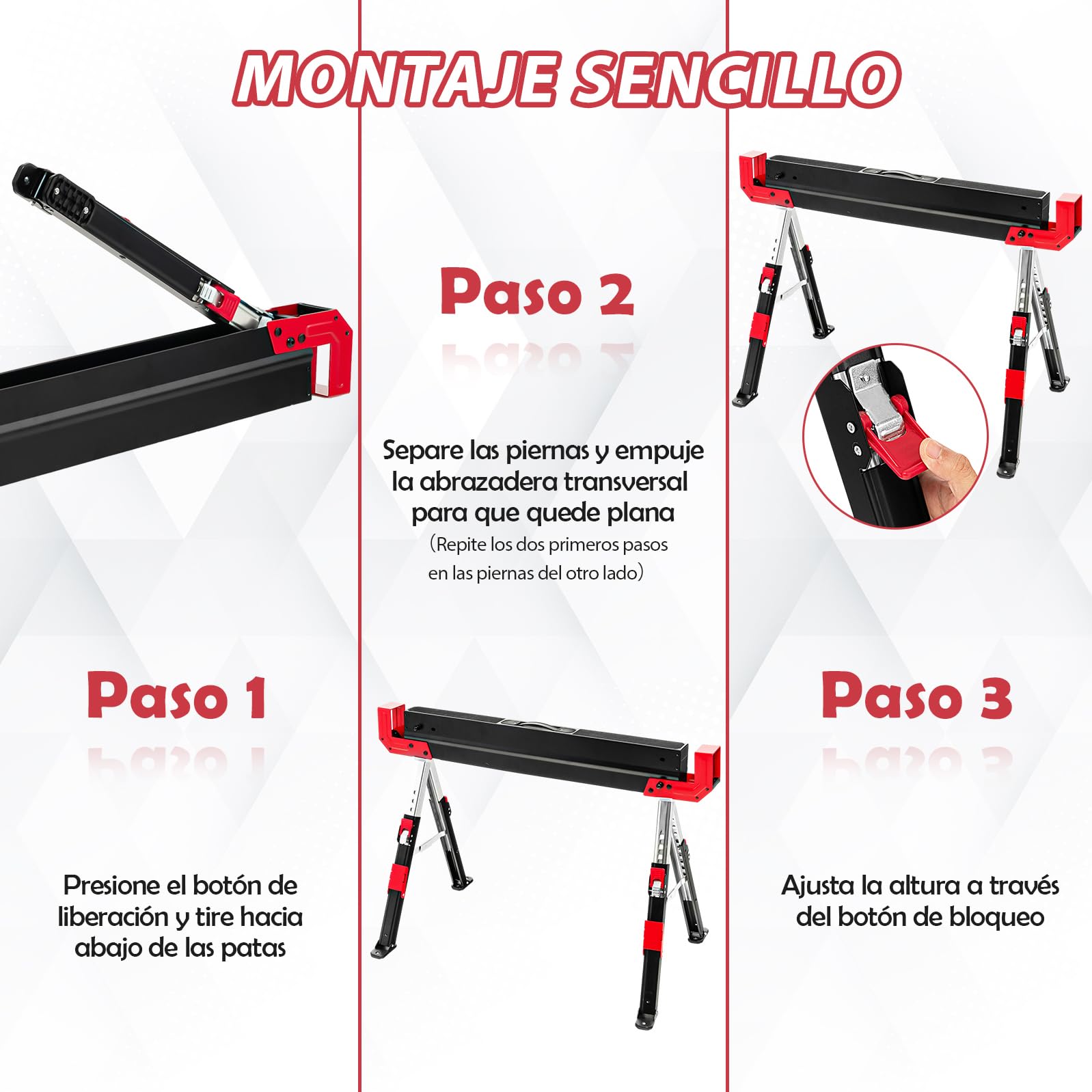 GYMAX Juego de 2 Caballete de Trabajo de Altura Ajustable, con Soporte Antideslizante, Soporte Plegable con Práctica Asa, Soporta hasta 1180 kg, Color Negro y Rojo