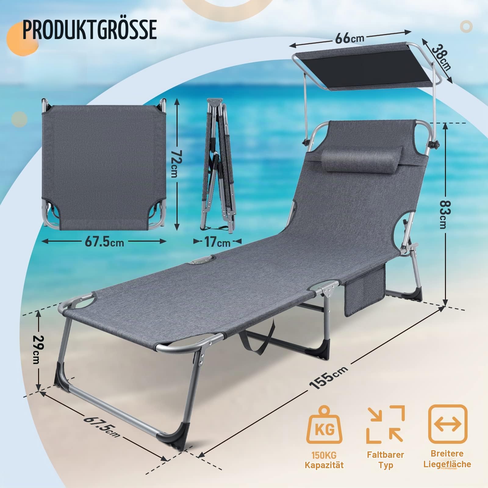 Soontrans Sonnenliege mit Dach, Gartenliege mit Kopfkissen & Tragegriffe & Seitentasche, Extra Breiter Liegefläche, Verstellbare Rückenlehne & Sonnenschutz, Sonnenliege klappbar für Strand (Anthrazit)