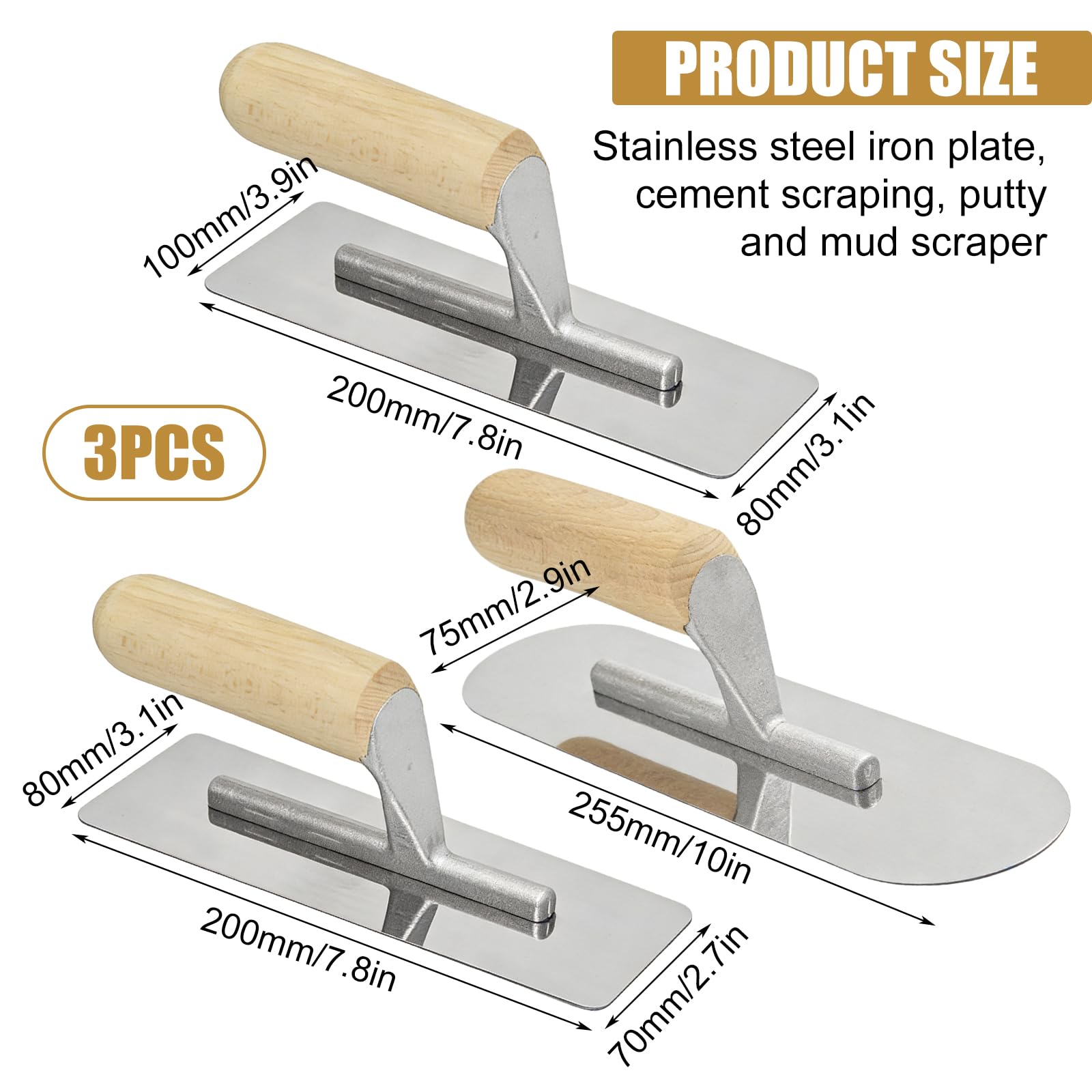 Lot de 3 truelles de lissage en acier inoxydable : tête ronde argentée, truelle vénitienne, truelle de nettoyage en acier inoxydable, outil de stucage, pour travaux de plâtrage mural et de sol, 25,5 x