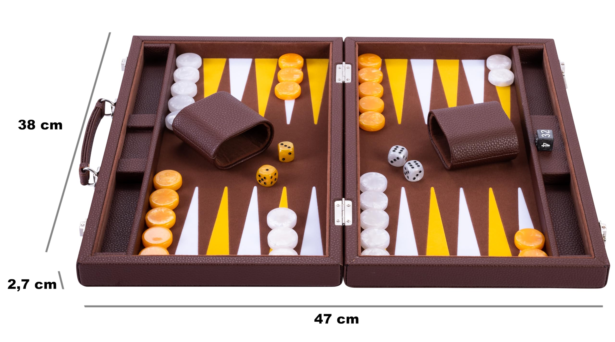 Engelhart 250520 – Backgammon de Lujo 38 cm – Exterior Piel sintética, Interior con incrustación de Fieltro – Dados y fichas nacaradas – Incluye 2 Vasos – Juego Profesional y recreativo.