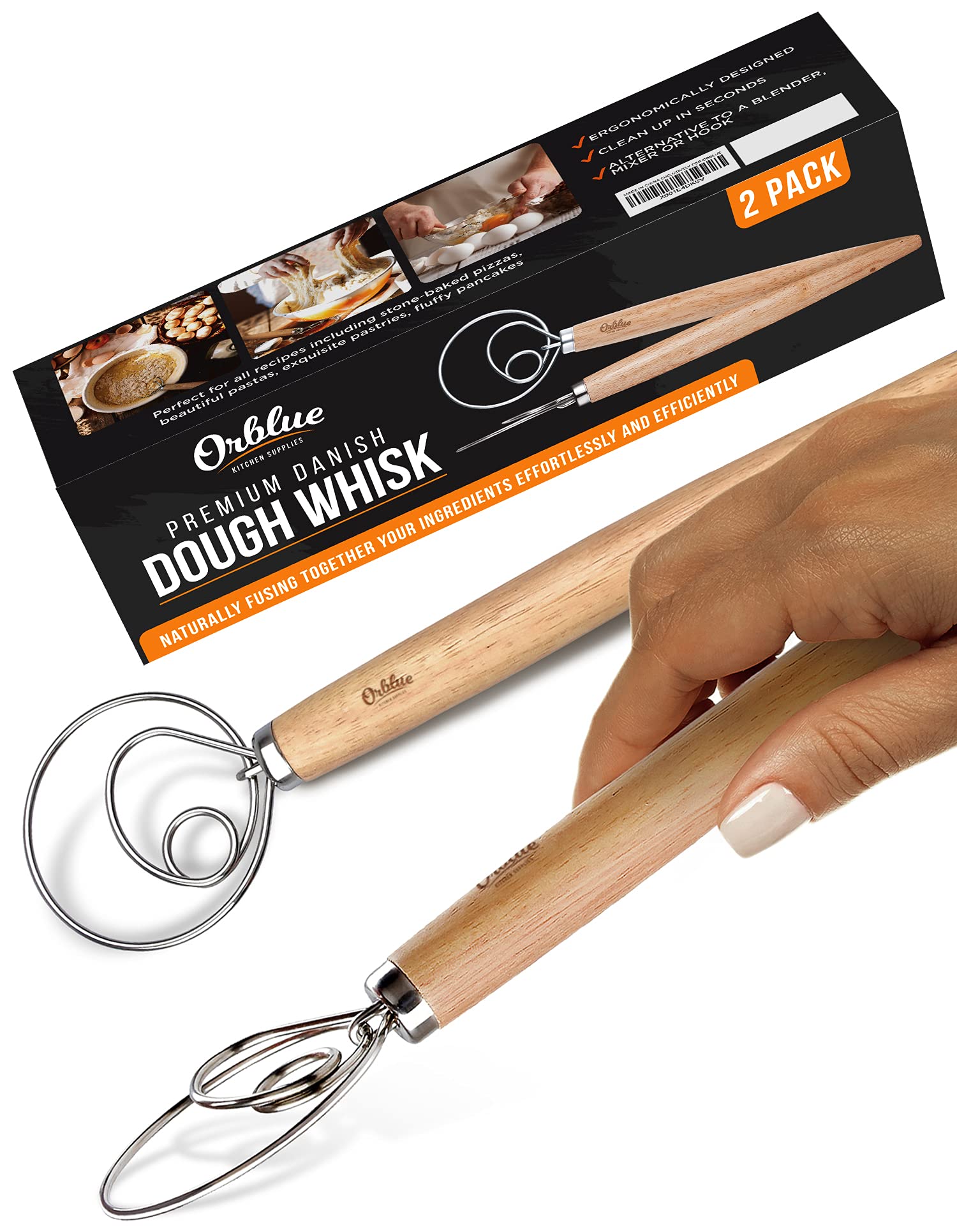 Orblue Premium Danish Dough Whisk Ultimate 2 Pack Large 13 5 Stainless Steel Dutch Whisk For Bread Pastry Or Pizza Dough Perfect Baking Tool Alternative To A Blender Mixer Or Hook