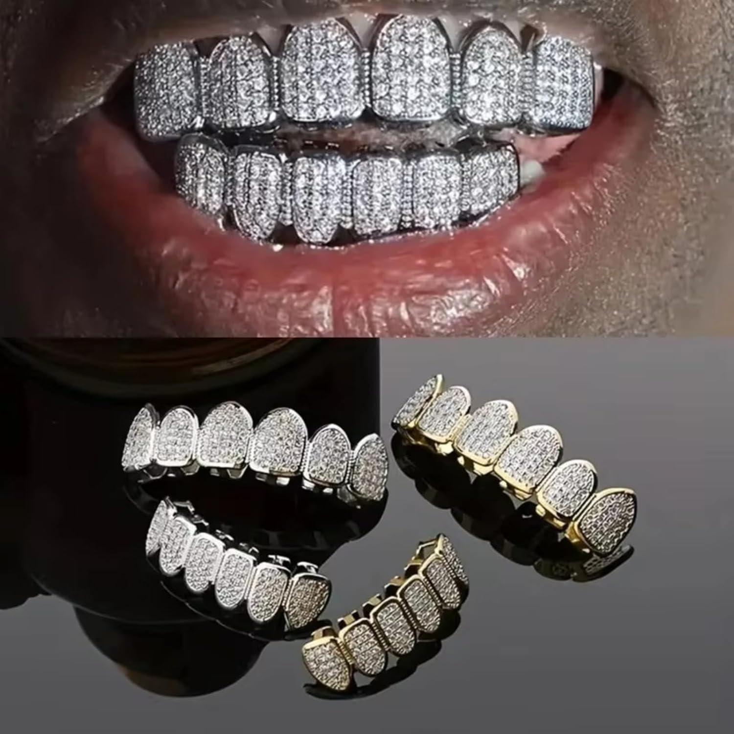 Grillz Gold Grills for Your Teeth Fake Teeth-Grilz Vampire Teeth Diamond Crystal Metal False Tooths Set 18K Gold Plated Iced Out Hip Hop Rapper Costume Gothic Halloween Vampire Bat Cosplay Party Accessories Jewelry for Men and Women