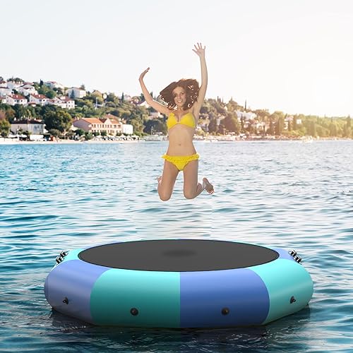 GYMAX Trampolín de agua, trampolín flotante de lago de 10 pies, 12 pies, 15 pies, con bomba eléctrica y escalera de cuerda, inflable para lago,