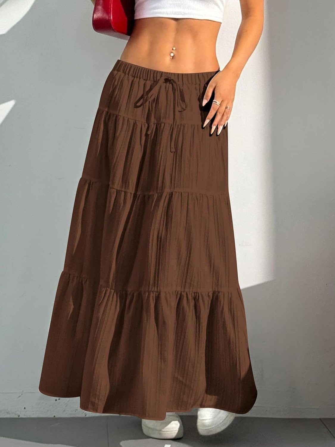 DERAX Flowy Maxi Skirts Flared Ruffle Hem Elastic High Waisted A Line Long Skirts Brown 2XL - Image 6