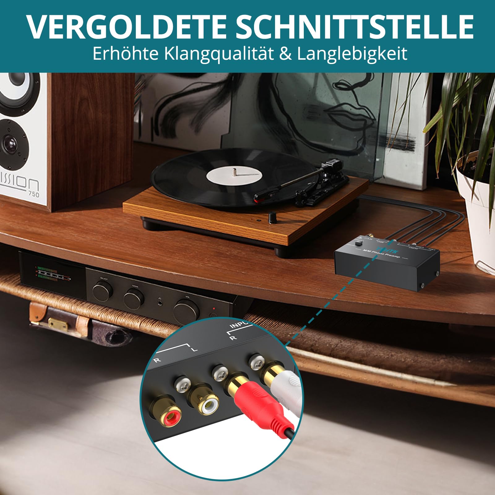 Vorverstärker für Plattenspieler | M/M Phono-Vorverstärker mit Netzschalter | RCA Input & Output Interfaces | DC-12V Zertifiziertes Netzteil | Wenig-Lärm Betrieb | Kompaktes Gehäuse