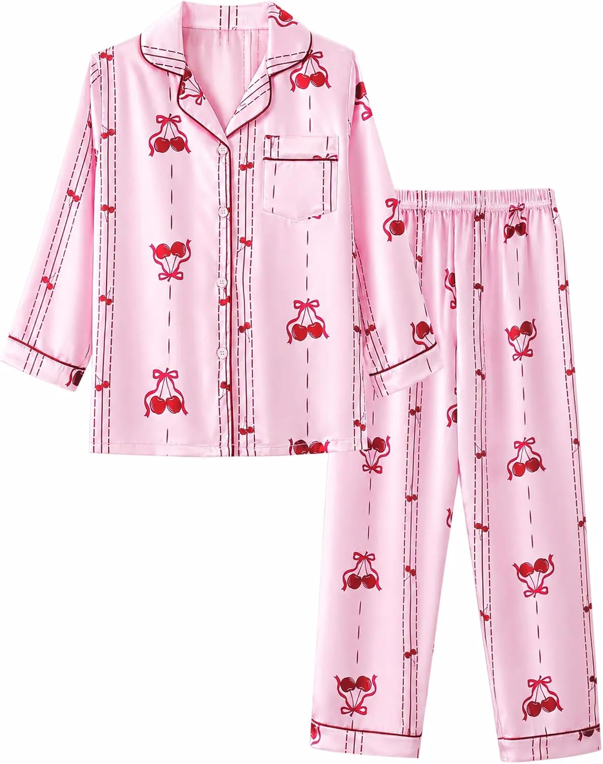 Mikrdoo Girls Pajamas Silk Pj Set Long Sleeve Top and Pants 2 Piece Satin Slpeepwear Set 3-16 Years