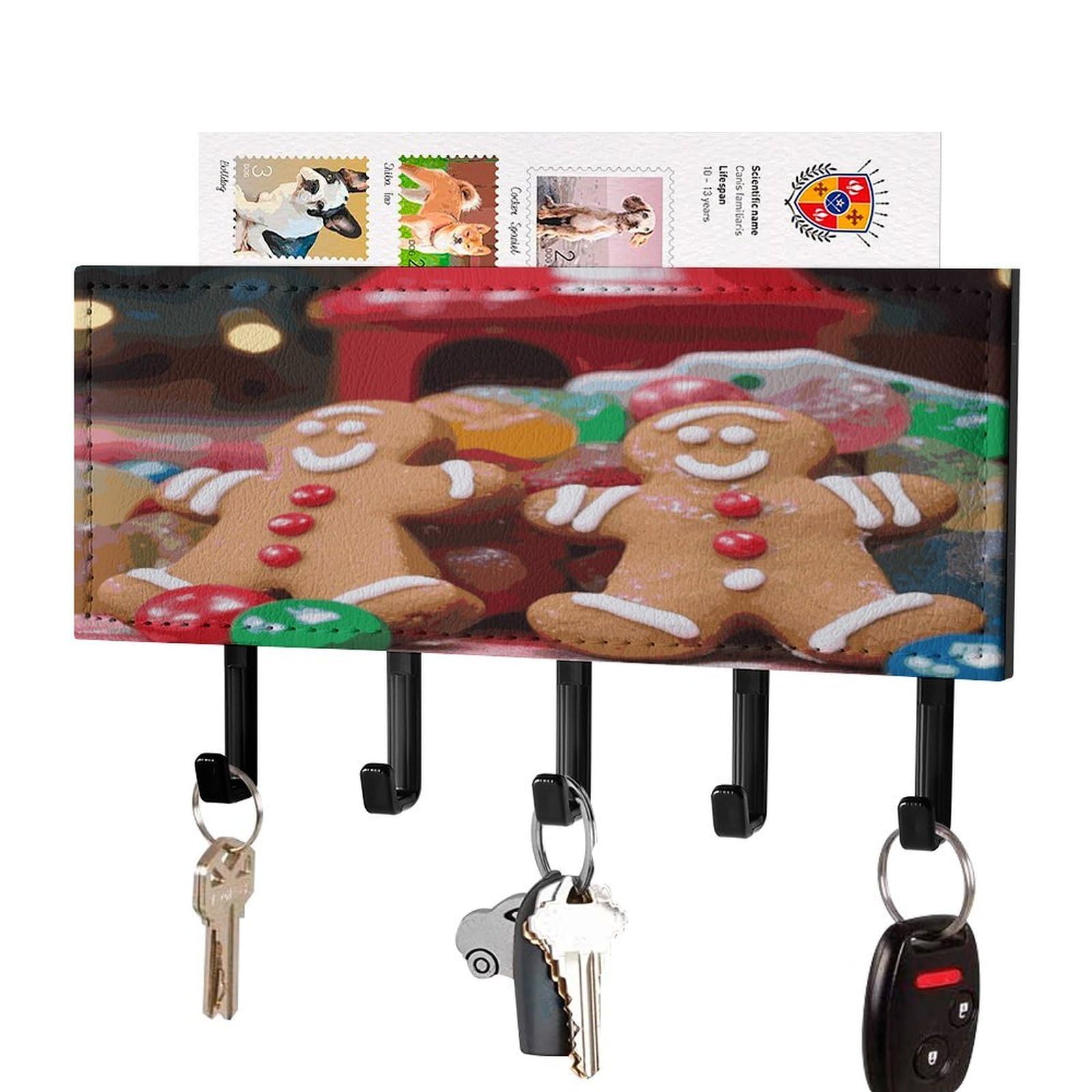 Fekiloot Black-Style Gingerbread Man Candy Key Holder Wall Mount Key And Mail Holder Key Hanger With 5 Hooks Decorative Pu Key Rack Hanging Key Hooks For Wall Living Room Kitchen Bathroom Hallway