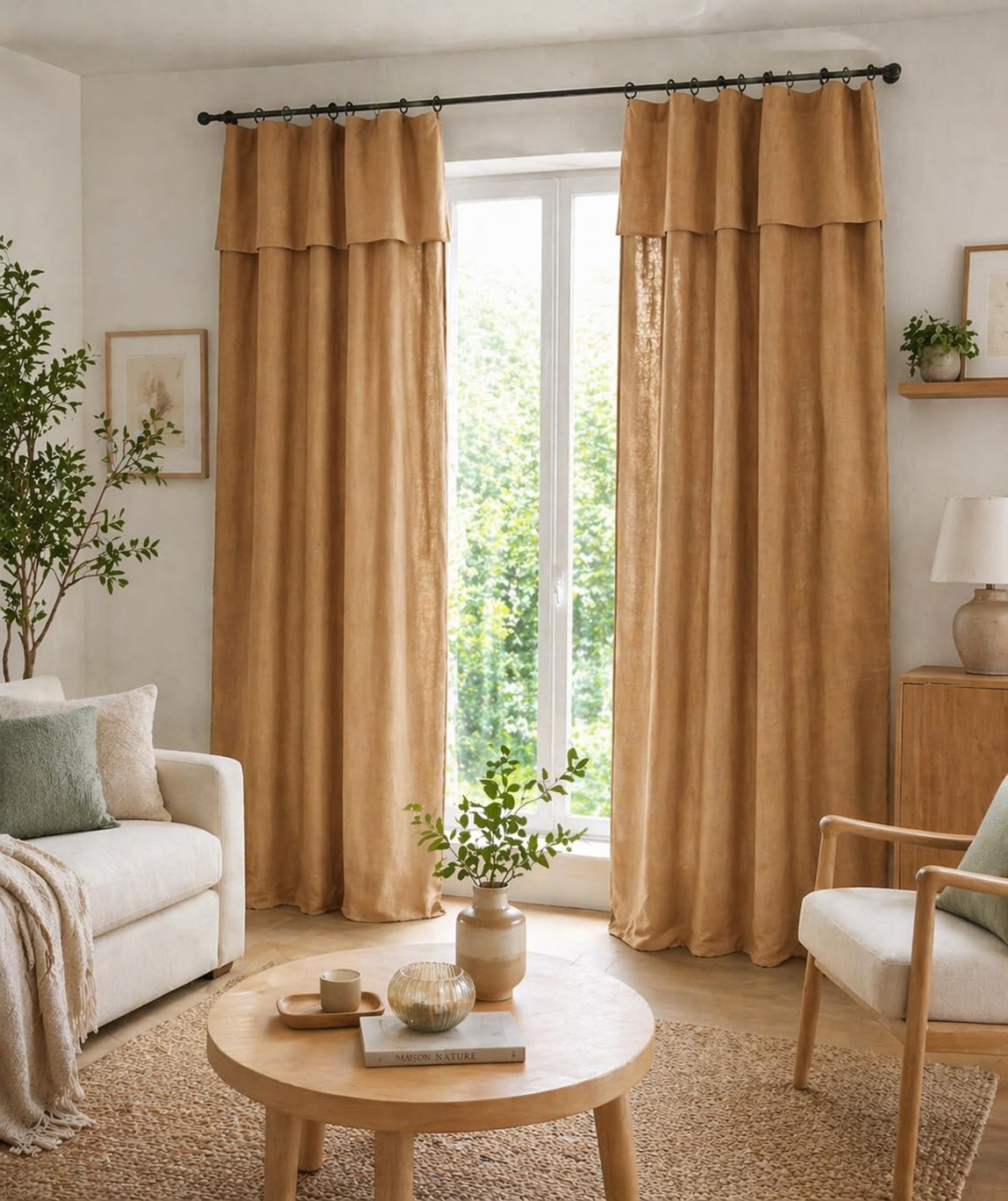 Rideaux Lyocell camel 140x270 cm ajustables avec anneaux pinces pour pose facile