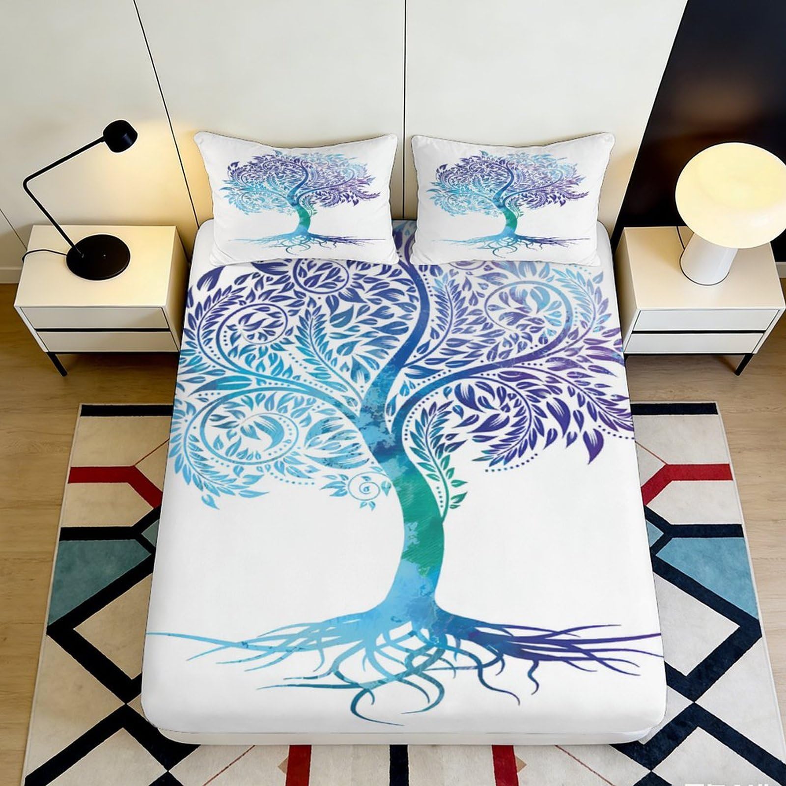 Uynsixtme Style-9 3D Printed Tree Pattern Fitted Sheet Microfiber Deep Pocket Non-Slip Tree Mattress Fitted Cover Bedroom Adult Teen 200X200x25cm
