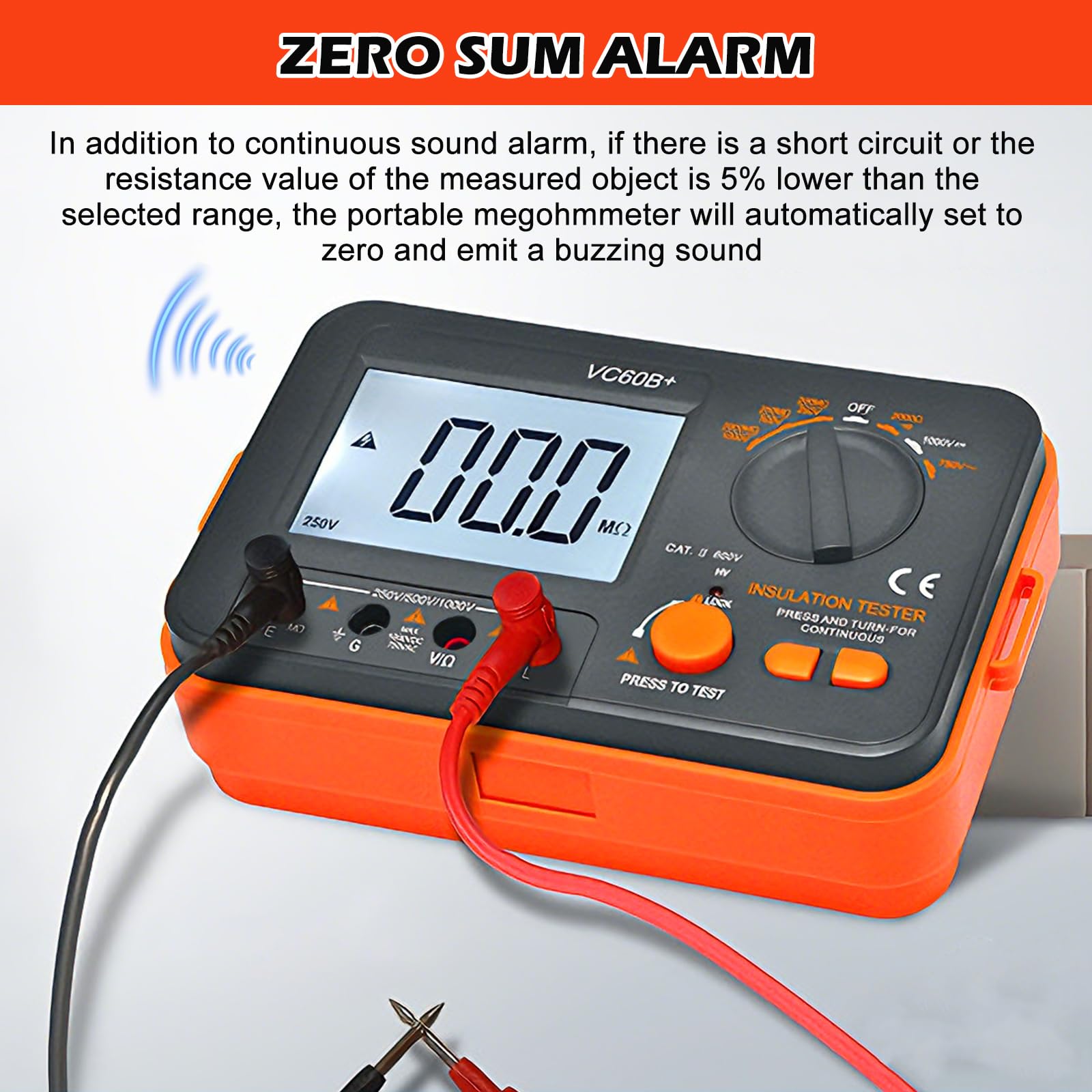 Digital Megohmmeter, Isolationswiderstandstester Isolationswiderstand 0.1MΩ-2GΩ mit 250V/500V/1000V Prüfspannung mit hintergrundbeleuchtetem LCD-Display, Inkl. Messspitzen Krokodilklemmen