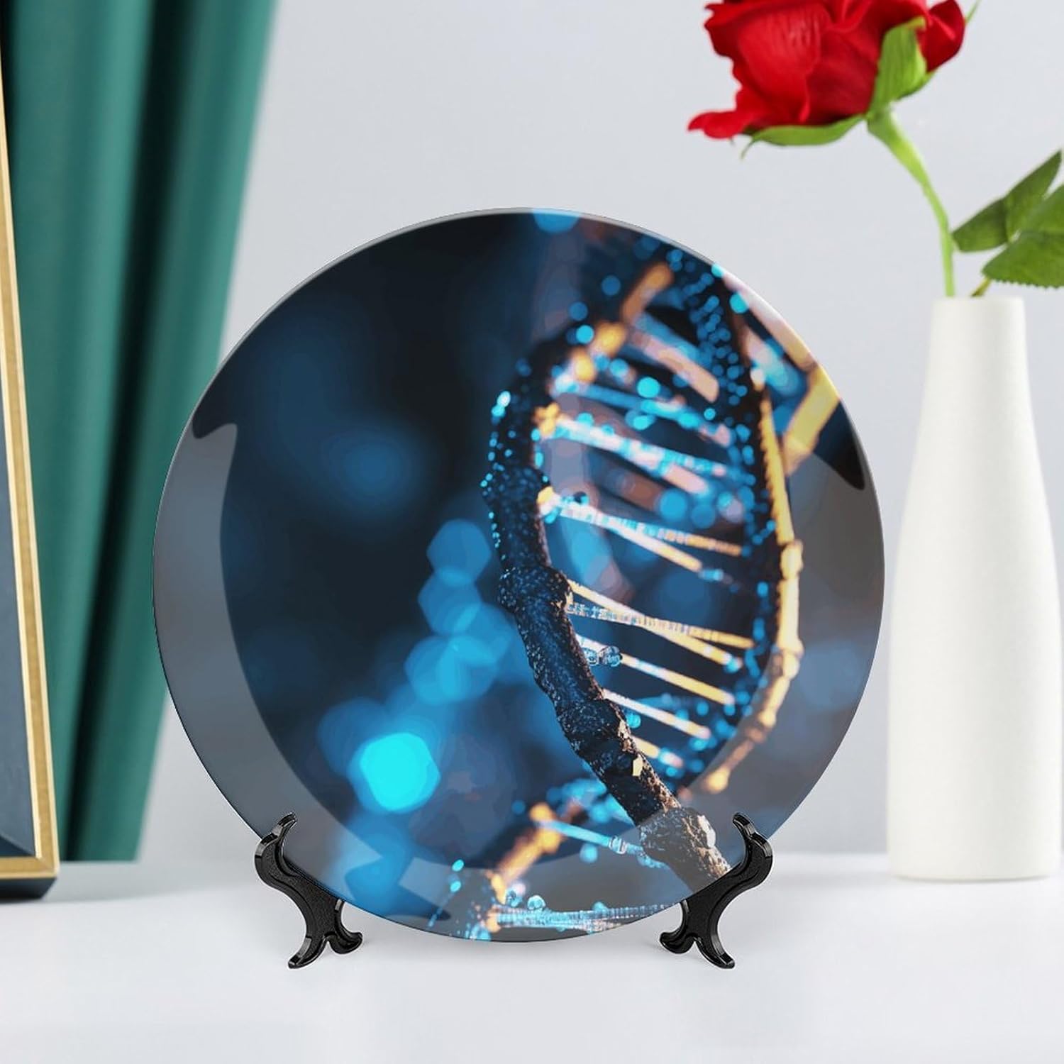 Blue And Black DNA Decorative Plates for Display Round Porcelain Plate Living Room Table Ceramic Hanging Decorative Plate Art Decor for Living Room Table with 1 Display Stand 10inch