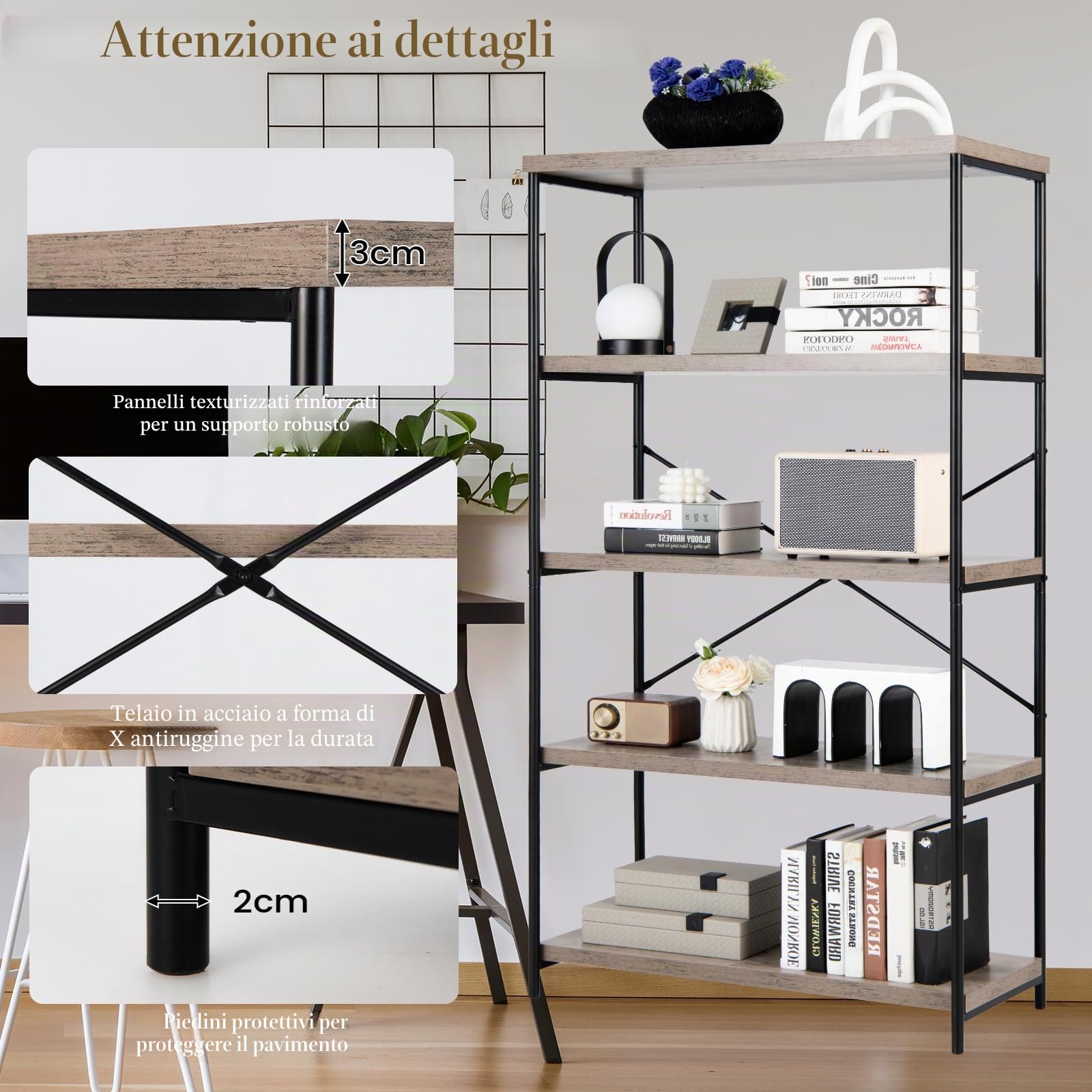 HOMASIS Scaffale Legno a 4 Livelli, Libreria da Parete in Legno, Scaffalatura Industriale con Struttura Metallica, Scaffale Salvaspazio per Soggiorno, Cucina, Studio (Grigio, 79 x 35 x 160 cm)