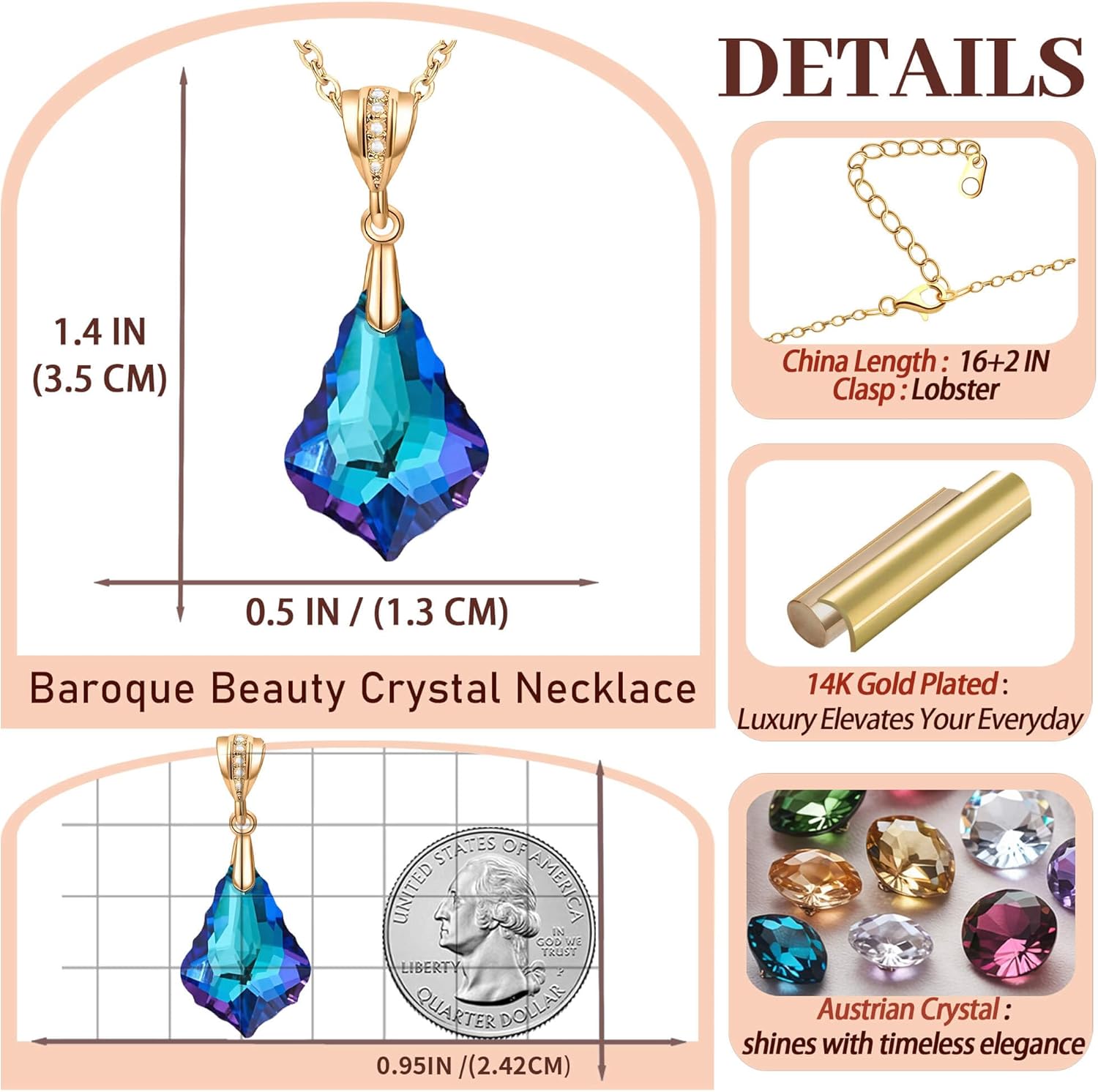 EVEVIC Austrian Crystals Baroque Pendant Necklace for Women 14K Gold Plated Hypoallergenic Jewelry Gift - Image 6