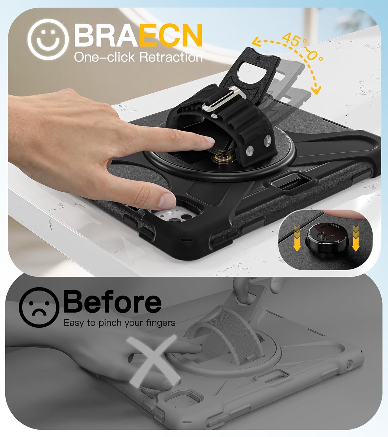 BRAECN Case for iPad Pro 11 inch M5 2025 & M4 2024, 4 Layers Heavy Duty Full-Body Protection Screen Protector Pencil Holder, 360° Rotating Handle Kickstand, Shoulder Strap Kids Friendly