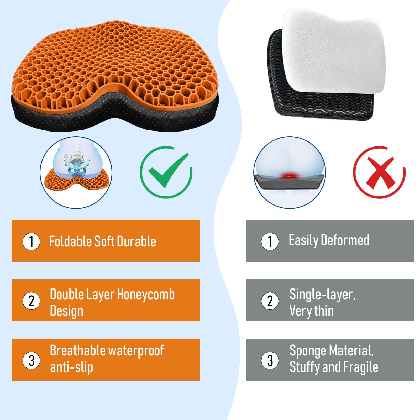 Cuscino per sedile del kayak, addensato, antiscivolo, impermeabile, in gel, portatile, per canoa, canottaggio, gommone, gommoni, stadio, kayak, pesca, kayak, accessori (2 pezzi/arancione)