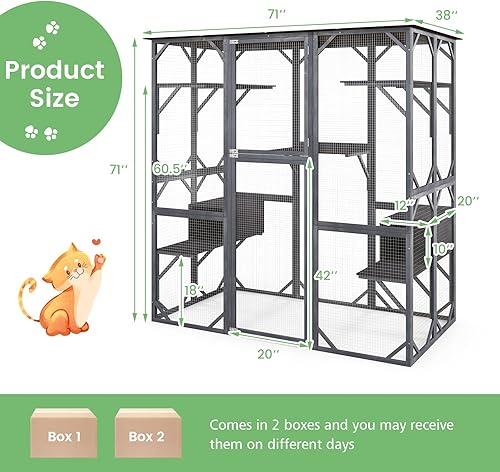 Miniatura 3 de Tangkula Catio - Caja grande para gatos para exteriores, 71 pulgadas, resistente a la intemperie con techo de asfalto, jaula de madera para gatos