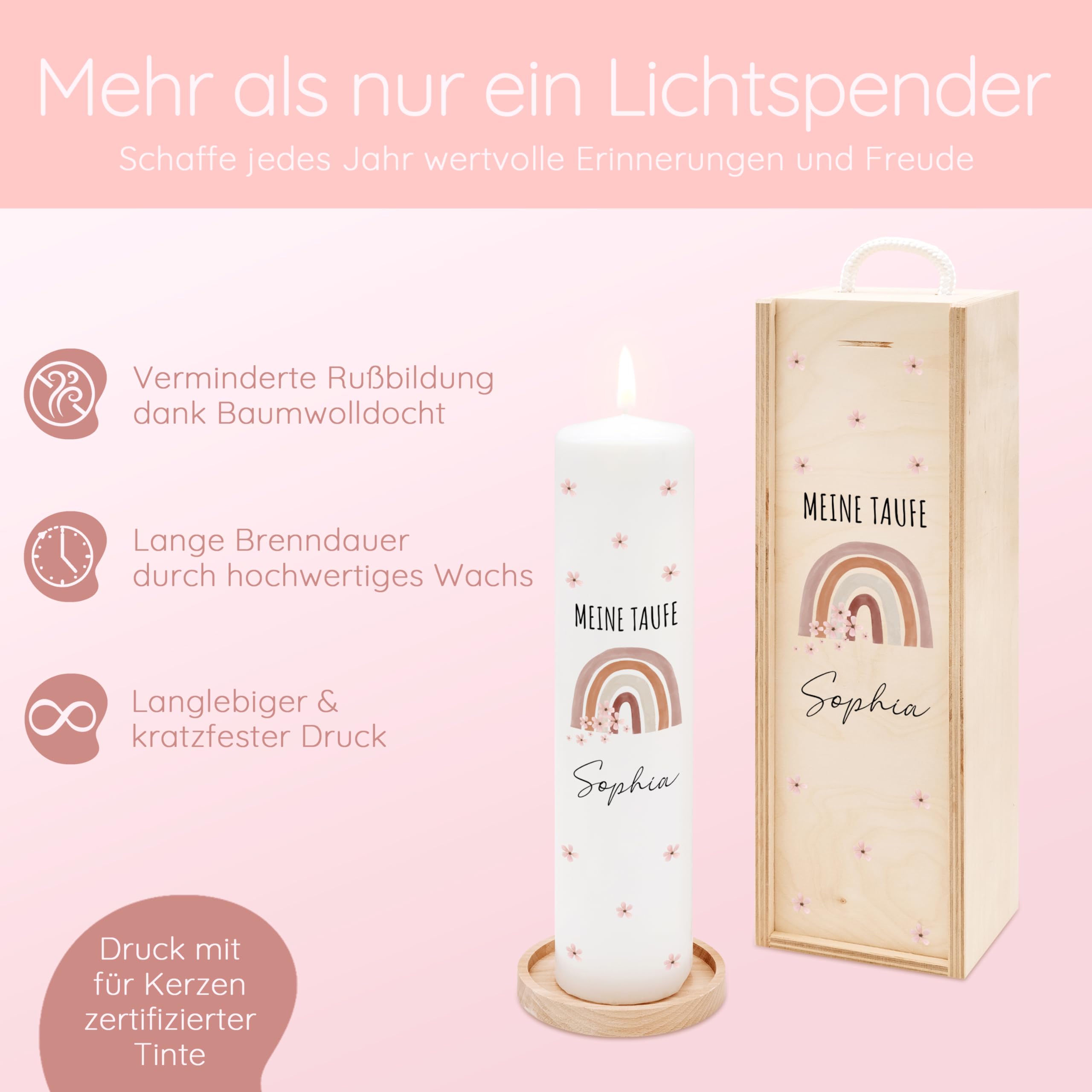 Bärenfreunde® - Personalisierte Taufkerze mit Spezial-Druck (M, L, XL) - ohne Ruß-Bildung - mit Holzkiste oder Untersetzer - Taufe Geschenk, Geschenk zur Geburt (XL Kerze)