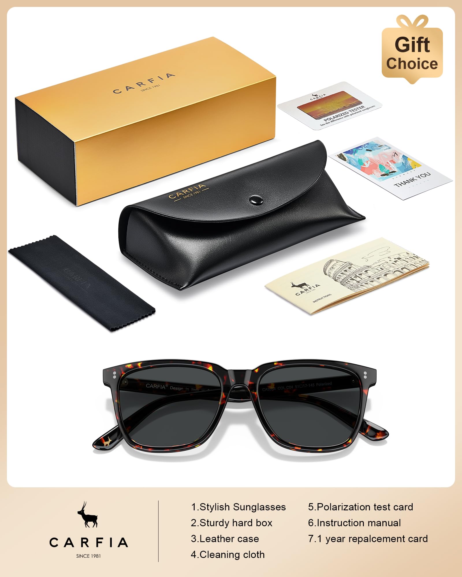 CARFIA Vintage Polarisierte Sonnenbrille Damen UV400 Schutz, Quadratische Sonnenbrille mit Acetatrahmen S