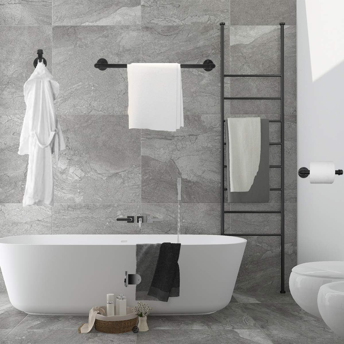Industrial Pipe Bathroom Hardware Accessory 3 Piece Set with 18" Towel Bar, Robe Hook and Toilet Paper Holder Black