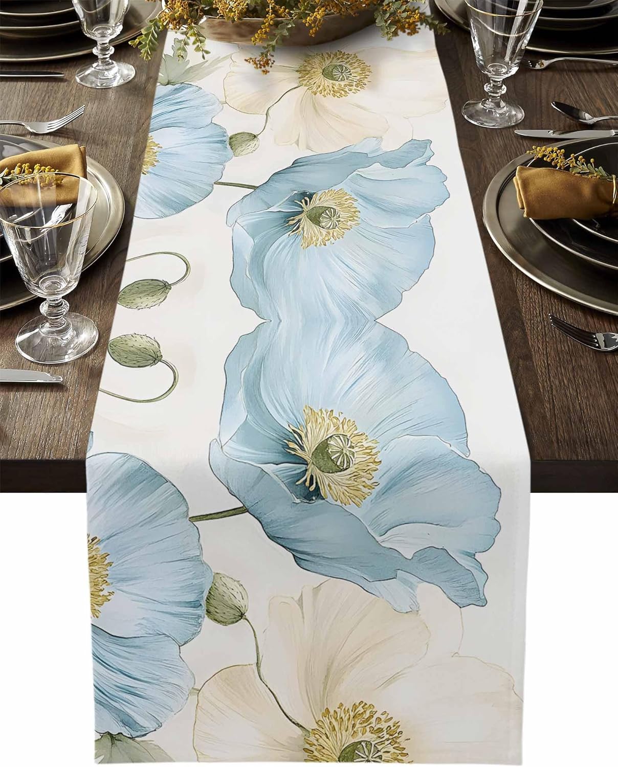 Watercolor Blossom Floral Poppy Table Runners 13x120 Inches Long Linen Burlap Table Runner, Spring Elegant Flower Table Cover Dresser Scarf for Kitchen Dining Holiday Party Wedding Gathering