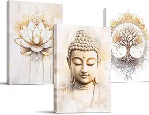 SERIMINO Zen Wall Art Set of 3, Buddha Tree of Life Lotus Flower Canvas Art Prints, Modern Meditation Pictures Wall Decor Living Room Yoga Room, Spiritual Studio Office Artwork for Walls 16X24 Inch