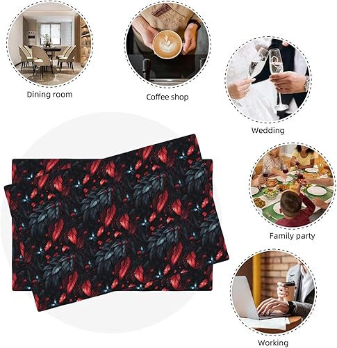 Miniatura 7 de Dining Table Placemats Set of 4-12x18 Inch Black and Red Feathers Print Faux Linen Double Heat Resistant Place Mats, Kitchen Table Mats, Wipeable