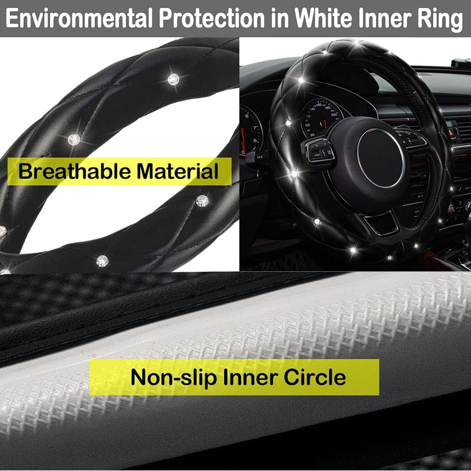 Xizopucy Diamond Leather Bling Steering Wheel Cover, Universal Car Steering Wheel Protector with Crystal Rhinestones Anti-Slip Soft Interior Accessories for Women and Girl Fit 15 inch -Black