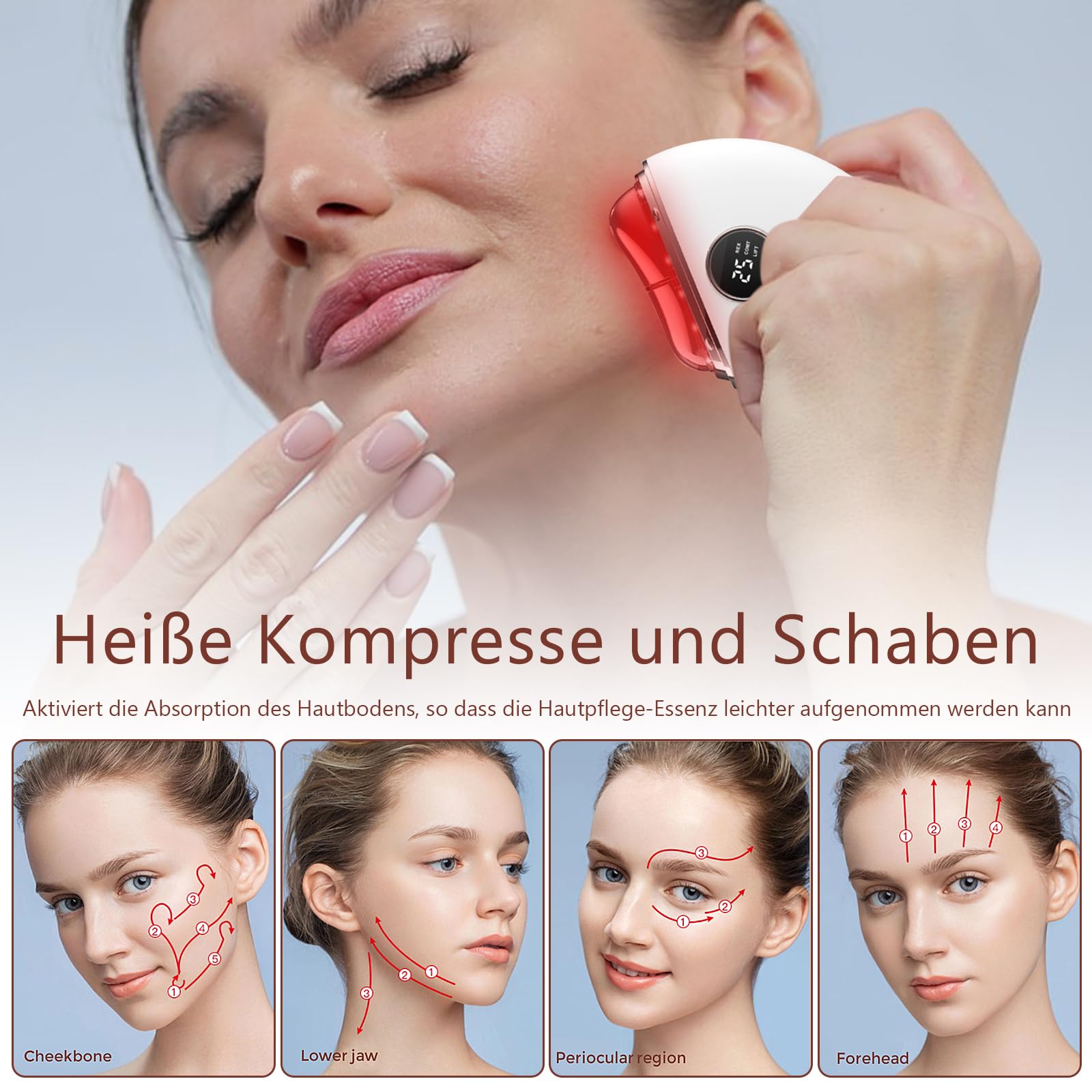EMS Gua Sha Elektrisch, Gesichtsmassagegerät mit Wärme & Vibration & LED Blau/Grün/Rot Farbe Licht Therapie, 5 Modi Face Massager Gerät Gegen Für Gesicht Hals Anti Falten, Anti Aging, Face Lifting