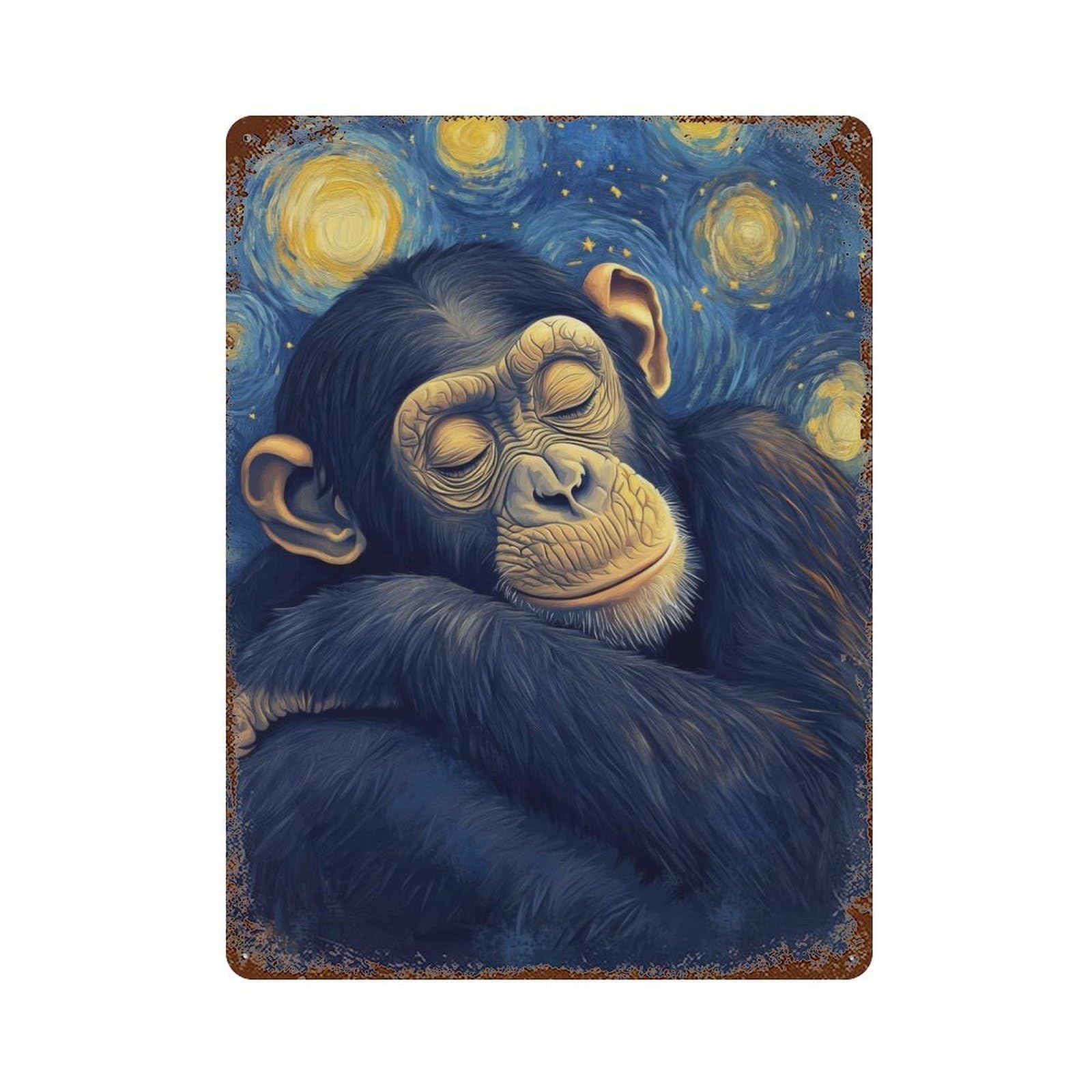 Chimpanzee Starry Night Rust Effect Tin Sign 15.7"x11.8", Novelty Wall Decor for Garage, Pub Or Kitchen