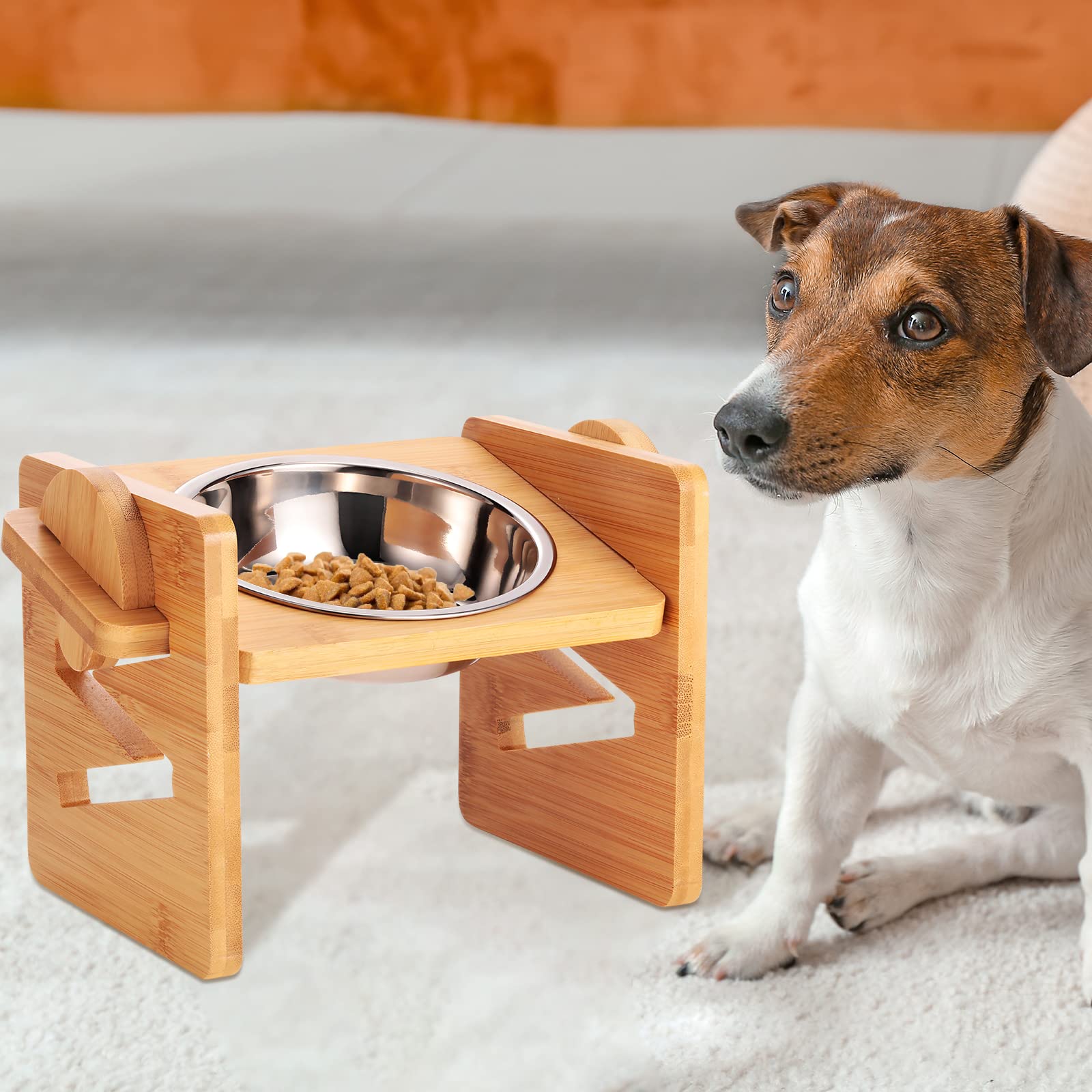 4 Pack Elevated Dog Bowls Raised Pet Bowls Tilted Stand Adjustable Dog Food Feeding Dishes Bamboo Elevated Feeder Stand with Single Stainless Steel Bowls for Small Medium Cats and Dogs