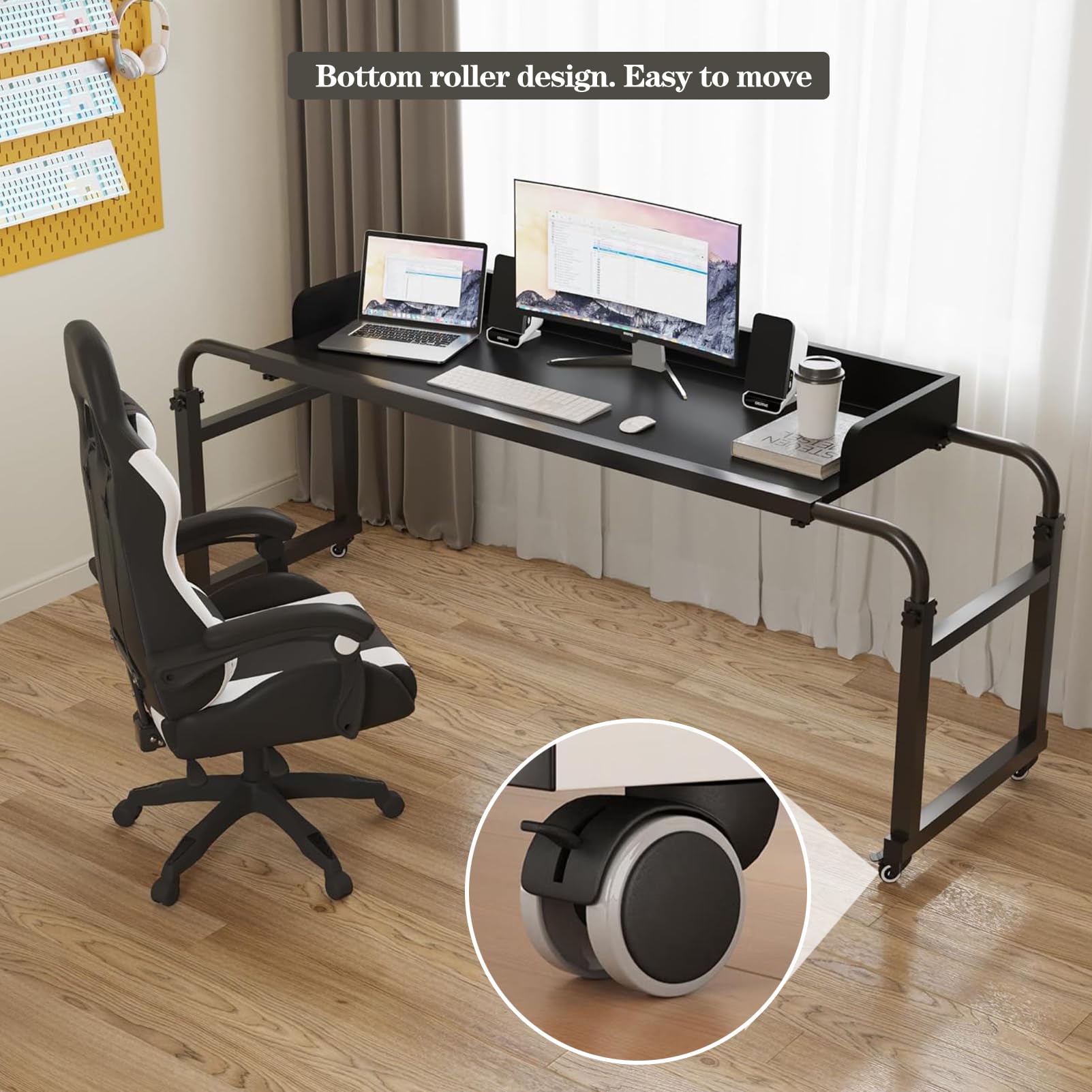 Tavolino da Letto Regolabile in Altezza e Lunghezza con 4 Ruote bloccabili, postazioni di Lavoro mobili per Computer per Uso Domestico e Ufficio (Nero Opaco, 47,2" P x 17,3" L x 25,6-37,4")