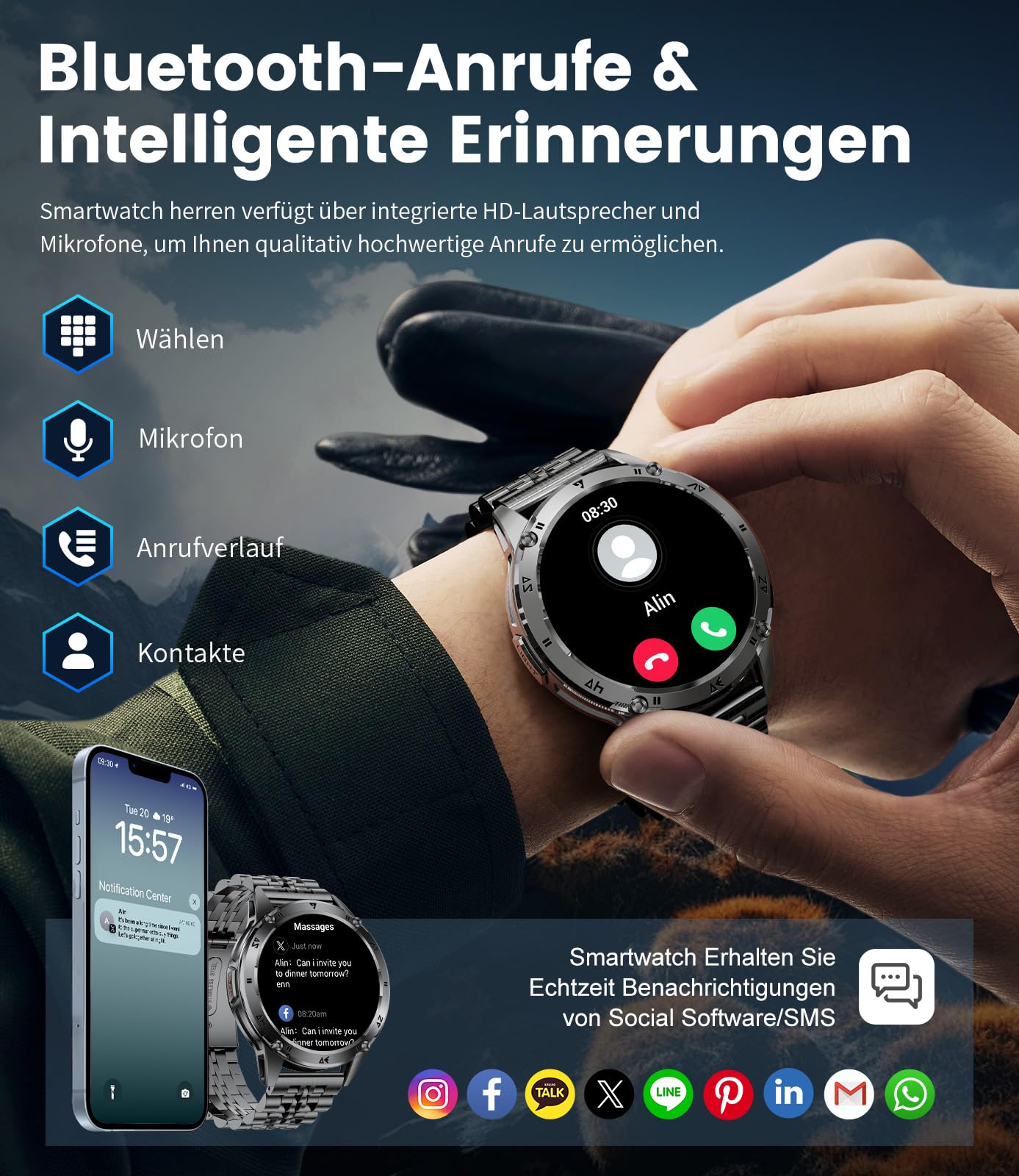 LIGE Smartwatch Uomo Militare, 1.43'' AMOLED Orologio Smartwatch Uomo con Torcia LED, 530mAh, IP68 Impermeabile, 120+ Modalità Sportive, Cardiofrequenzimetro Sonno Contapassi per Android iOS