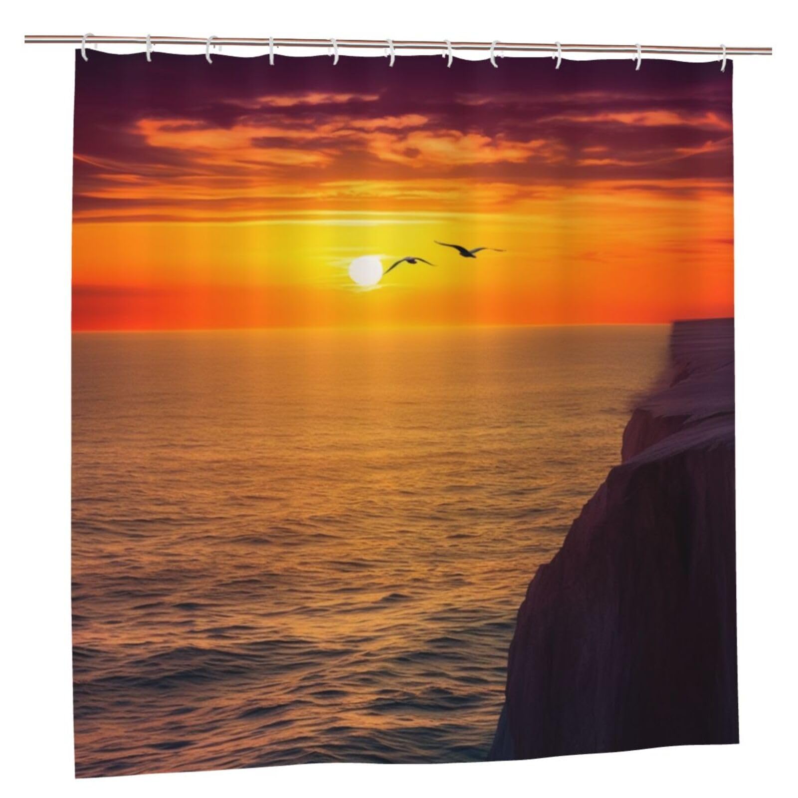 BWWHCCTI Beautiful Sunset Sea Printed Shower Curtain With 12 Plastic Hooks Opaque Quick Drying Waterproof Shower Curtains Sets For Bathroom 183x183 CM